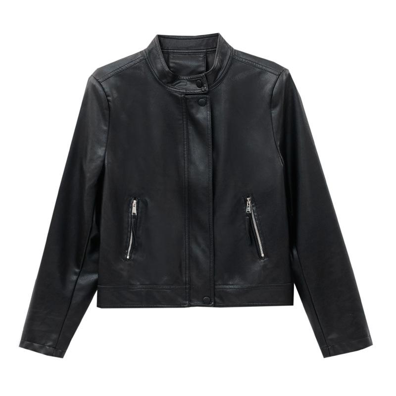 Manteaux |  La veste col rond en cuir noir Manteaux Femme